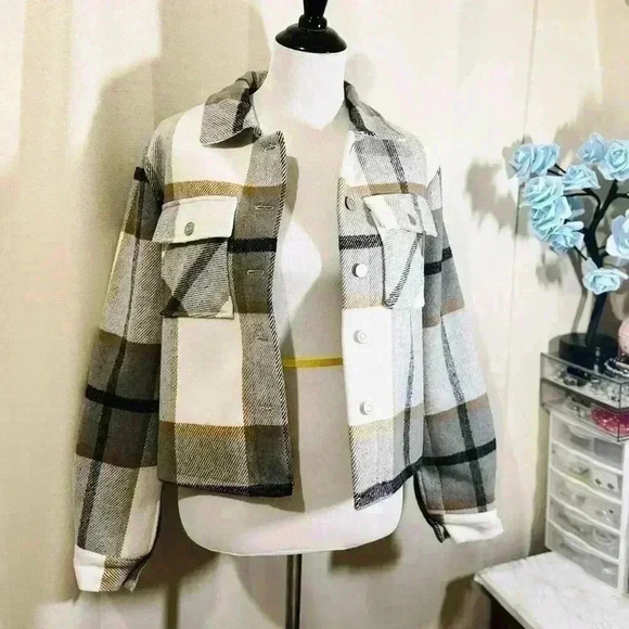 Women Fleece Cropped Jacket Fuzzy Flannel Plaid Sherpa - Picture 7 of 7